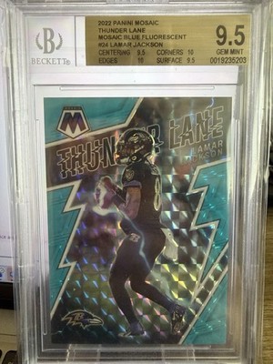 2022 Panini Mosaic Lamar Jackson Thunder Lane #24 Blue Fluorescent /15 BGS 9.5