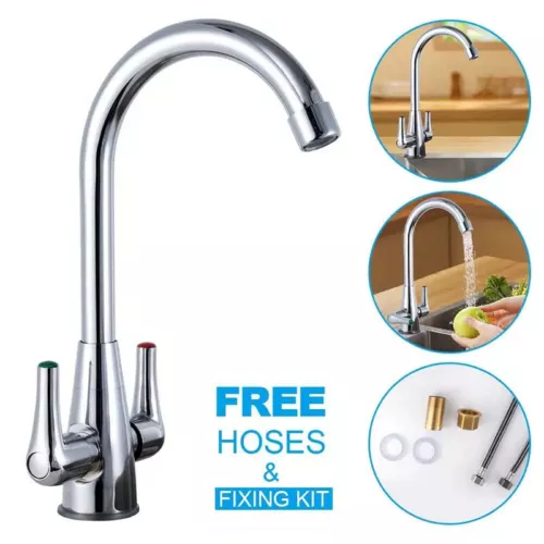 Modern Kitchen Mixer Tap Dual Lever Swivel Spout Mono Chrome Sink Taps Faucet - Picture 3 of 17