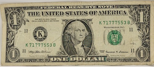 Billete de un dólar serie 1999 antiguo K71777553B FW cuatro de una clase 7s par 5s - Imagen 4 de 8