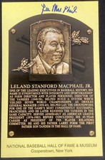 Lee MacPhail Signed Gold HOF Plaque Postcard Yellow Baseball Autograph JSA 2