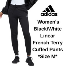 Adidas Women's Black/White Linear French Terry Cuffed Pants Medium Size FS