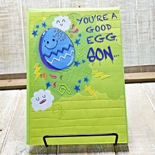 Designer Greetings Easter Card For Son Green Embossed Good Egg Yellow Bright