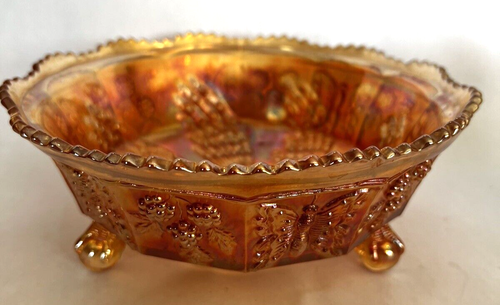 Fenton Ventaglio Coda Farfalla e Bacche Calendula Carnevale Vetro Ciotola Artiglio Piedi 8,5"EUC - Foto 2 di 8