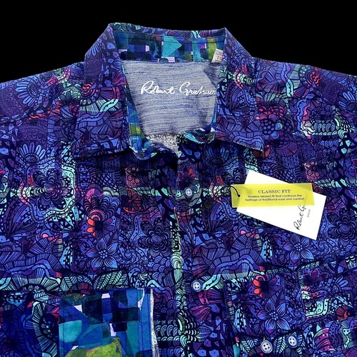 Robert Graham Geometric Paisley Patchwork Floral Purple Blue Sport Shirt 2XL - Picture 4 of 13