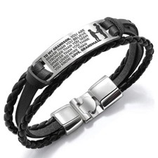To My Grandson Bracelets, Stainless Steel Leather Inspirational Wristband, Gr...