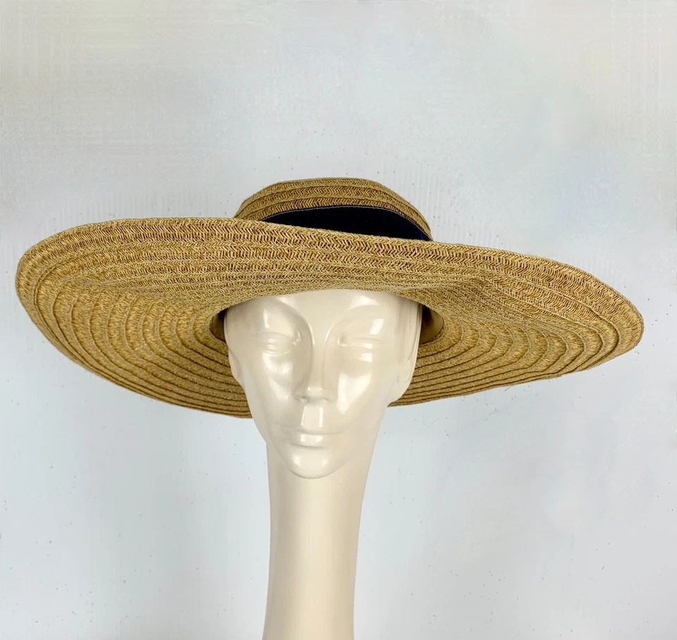 Nine West Straw Sun Hat One Size Very Wide Brim Blue Denim Band Excellent - Image 2 of 4