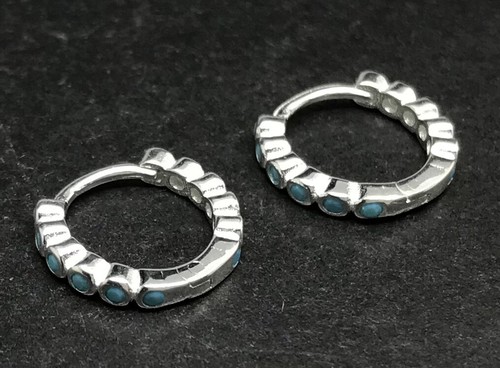 Small turquoise huggie earrings, solid Sterling Silver, 12mm diameter, new - Picture 3 of 9