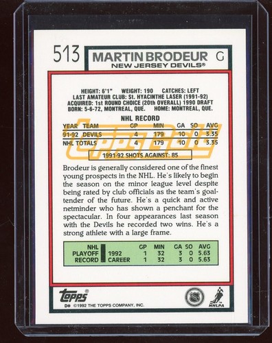 1992-93 Topps Gold #513 Martin Brodeur - Imagen 2 de 2