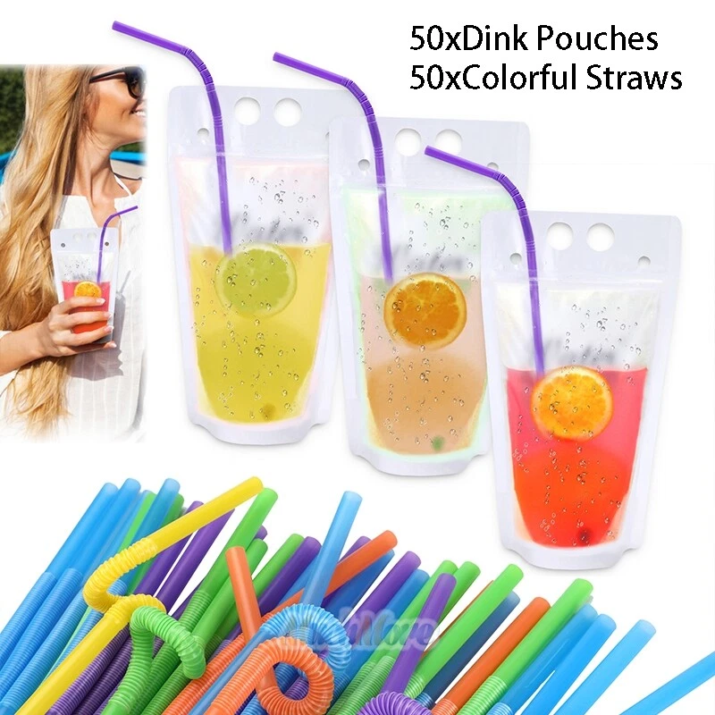 100 Drink Pouches Reusable Juice Smoothie Stand Up Zipper Bags with Straws  Kit