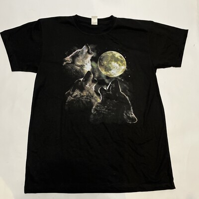Native Crafts 3 Wolves Howling at Moon Black T-Shirt Front & Back Image Small