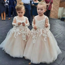 3D Lace Long Sleeves floor Length Girl Pageant wedding Gowns