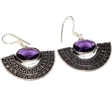 925 Silver Plated Amethyst Earrings 1.8" Jewelry Well Made Gift GW