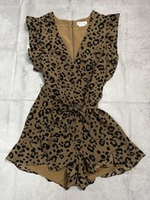 Lovers  Friends Animal Print Ruffle Zip V-Neck Romper Brown Black Women S