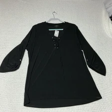 Time Line Long Sleeve Rollup Blouse Women’s 2XL Black V neck Tie   NEW