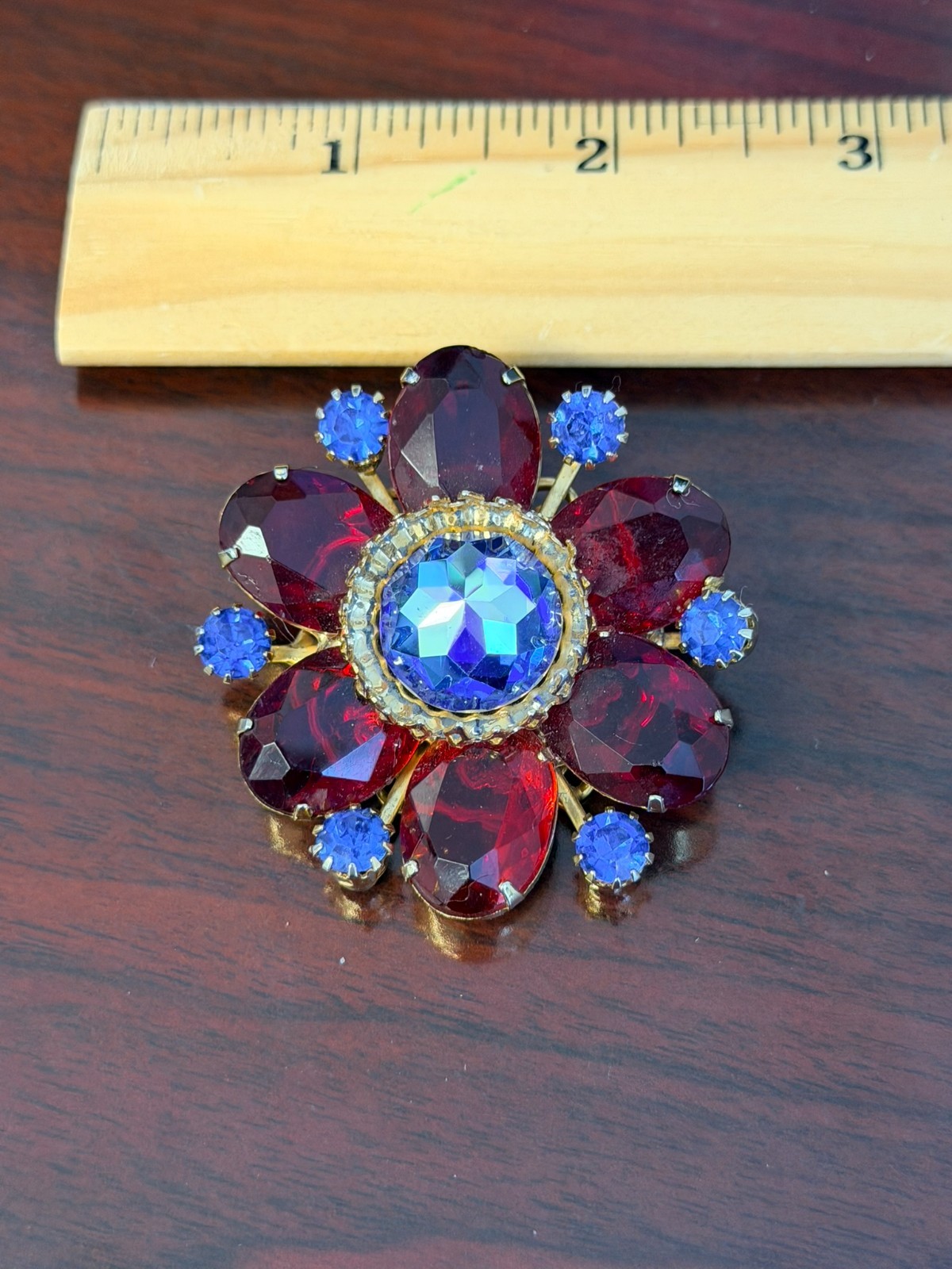 Mid Century Ruby Red Rhinestone Flower Brooch Swa… - image 8