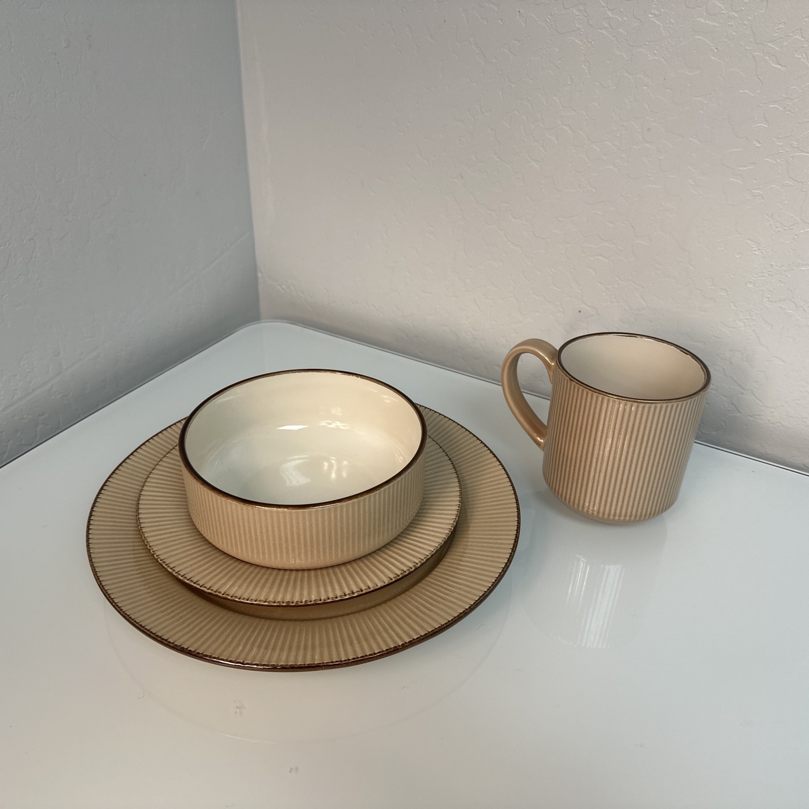 16 Total Pieces.  Tan / With Light Brown Stoneware