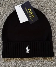 Polo Ralph Lauren Beanie Hat Knit Ribbed Brim Men Women Black Warm FREE SHIP