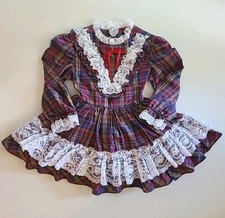         Vintage 70s Fall Full Circle Party Pageant Dress Prairie Plaid Lace 4T/5T