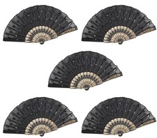 Set of 5 Black Chinese Japanese Lace Floral Folding Hand Pocket Fans