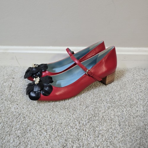 Frances Valentine rote Mary Jane Schuhe mit Blockabsatz Größe 7B Blumenverzierung