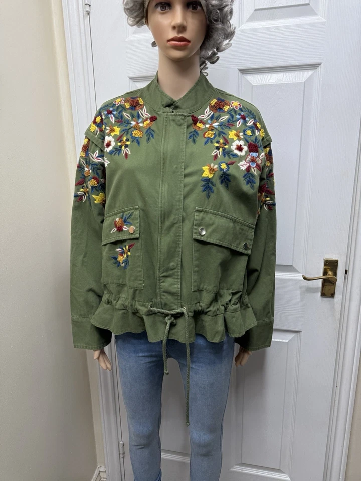 Zara Floral Embroidered Military Denim Jacket Size M - Image 4 of 4