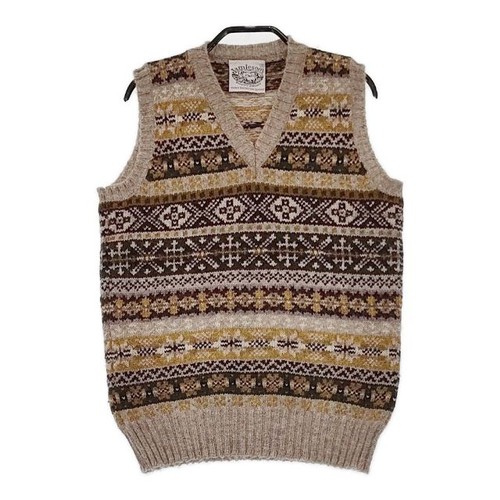 Jamieson's Wool sleeveless knit made in Scotland Fair Isle vest beige 5-0814T∞