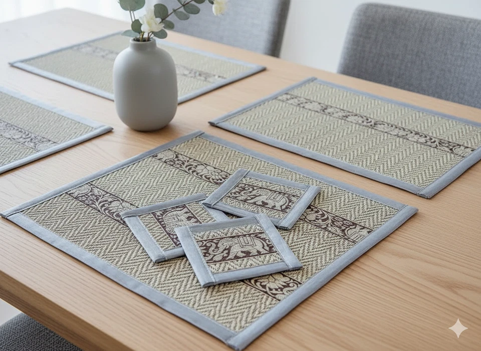 10.5" x 12.5" Silver Papyrus Reed Platemat & Coasters Thai Dinning Set 6 seats - Image 2 of 4