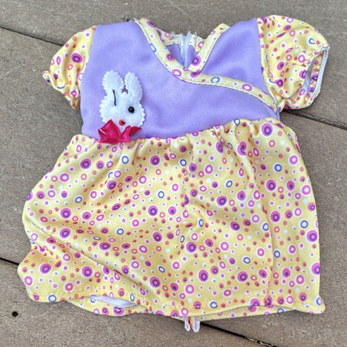Yellow Purple Polka Dot Doll Dress with rabbit on the front