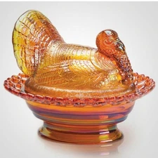 Covered Turkey on Lacey Base - Marigold Carnival - Mosser Glass, USA