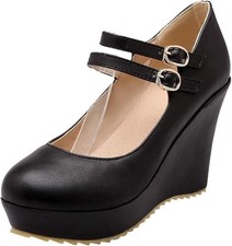 Damen Mary Jane Keilabsatz Pumps mit Riemchen und Plateau Rockabilly Lack Schuhe