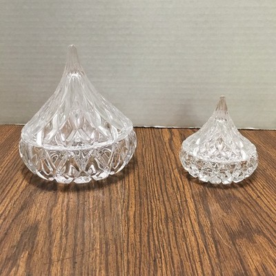 2 HERSHEY KISS CANDY DISH Trinket Dishes Cut Glass Chocolate Drop -Large & Small