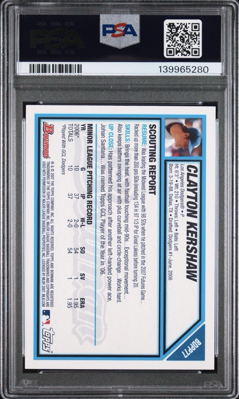 2007 Bowman Draft Clayton Kershaw PSA 10 Gem Mint view 2