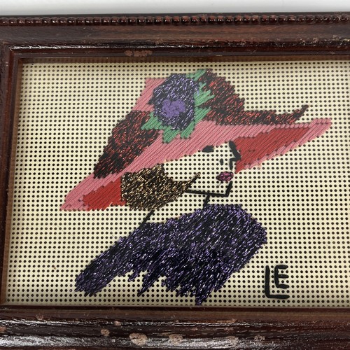 Vintage Wall Art Needlepoint Mini Portrait Woman With Hat Decor Wood Frame - Picture 2 of 7