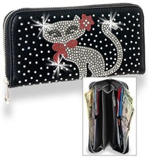 New Wallet, Rhinestone Kitty Cat, Flower Ribbon, Bling Design, Zipper, Free Ship