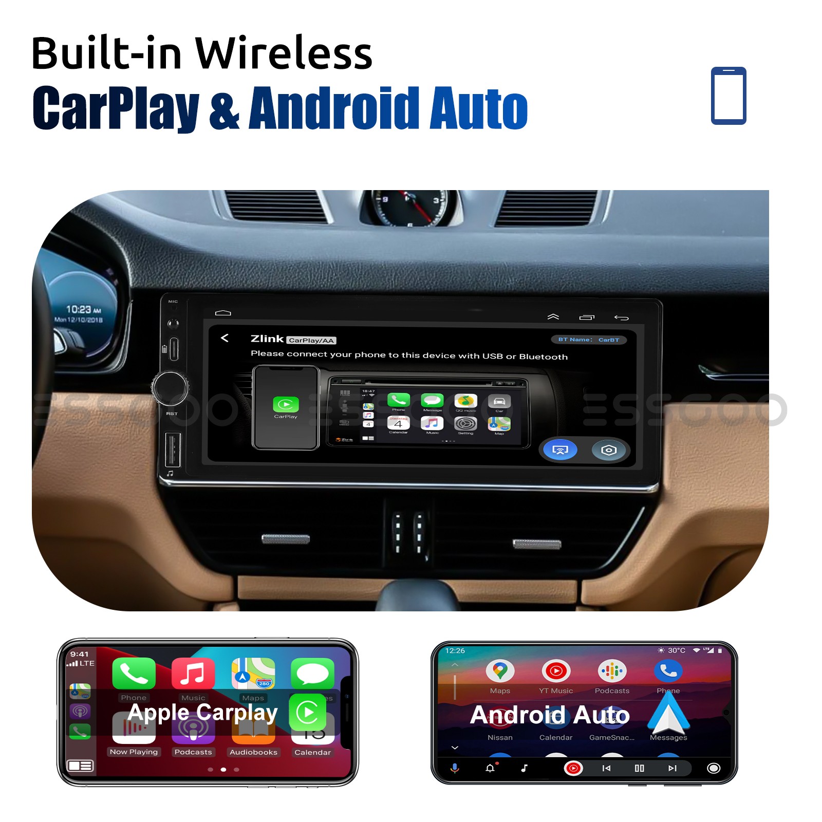 Wireless Carplay Single 1 DIN 6.86" Radio Bluetooth Car Stereo Type-C MP5 Player