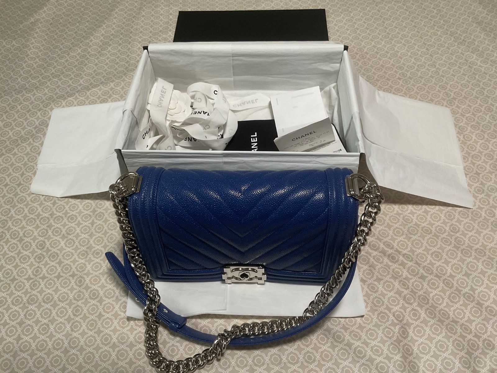 CHANEL Boy Blue Caviar Silver Hardware Leather Bag Medium.