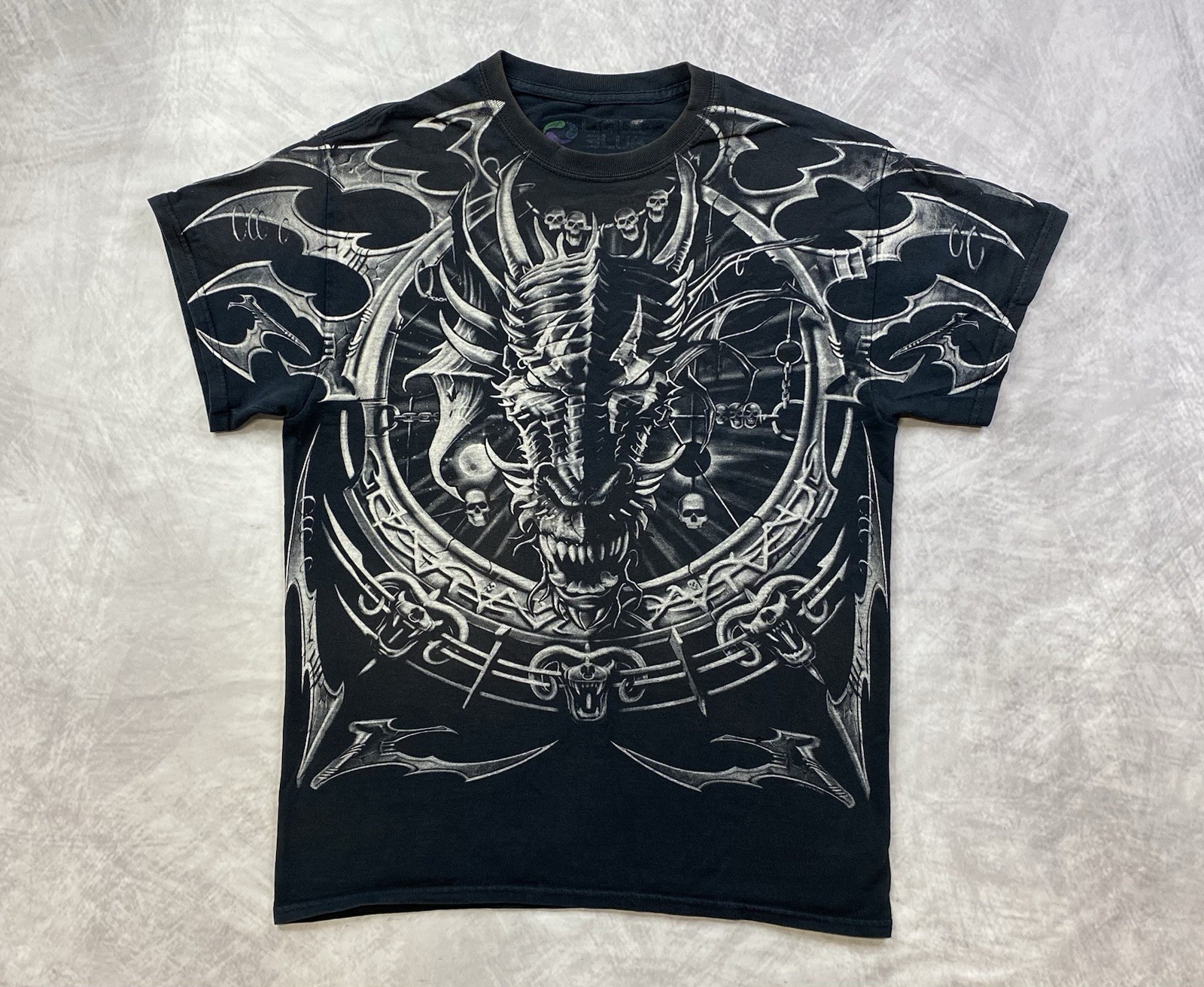 Liquid Blue All Over Print Dragon AOP Double Sided Shirt Size Medium Gray