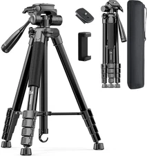 73" Camera Tripod Stand, Aluminum Tripod with Phone Holder, Travel Bag,