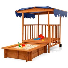 Wooden Retractable Sandbox with Cover  Built-in Wheels Kids Outdoor Playhouse