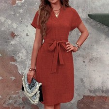 Women  s Elegant V-Neck Summer Dress with Belt High Waist Casual Style