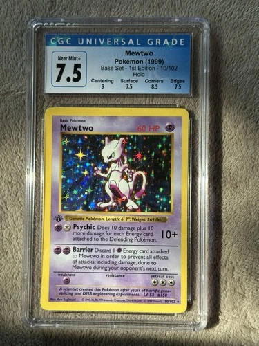 Pokemon 1999 Mewtwo Base Set Shadowless 1st Edition 10/102 CGC 7.5 Near Mint