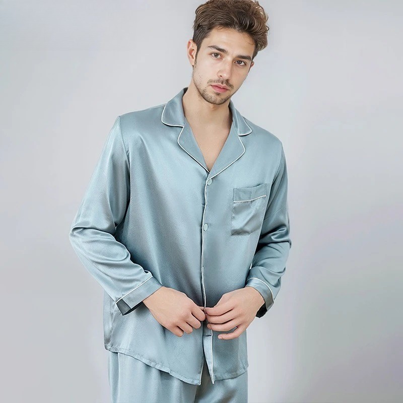 16MM Natural Mulberry Silk Sleepwear Men Home Clothes Pajama Set Spring 