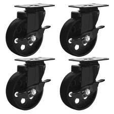 FactorDuty 4 All Black Metal Swivel Plate Caster Wheels w Brake Lock Heavy Duty