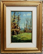 ANTICO QUADRO OLIO TAVOLA C. Pogliaghi PAESAGGIO MONTANO AUTUNNO LAGO D'ORTA 