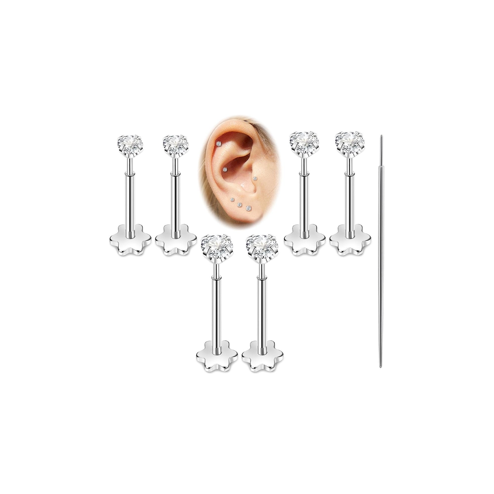 3Pairs 20G Surgical Steel Threadless Studs Earrings Push in Flat Back Earring...