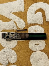Polo Ralph Lauren Men Brass Spell Out Logo Buckle Canvas Belt Green Blue Size 38