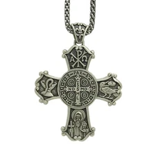 St Benedict Cross Medal Silver 925 Alpha Omega Fleur de Lis Chain Exorcism