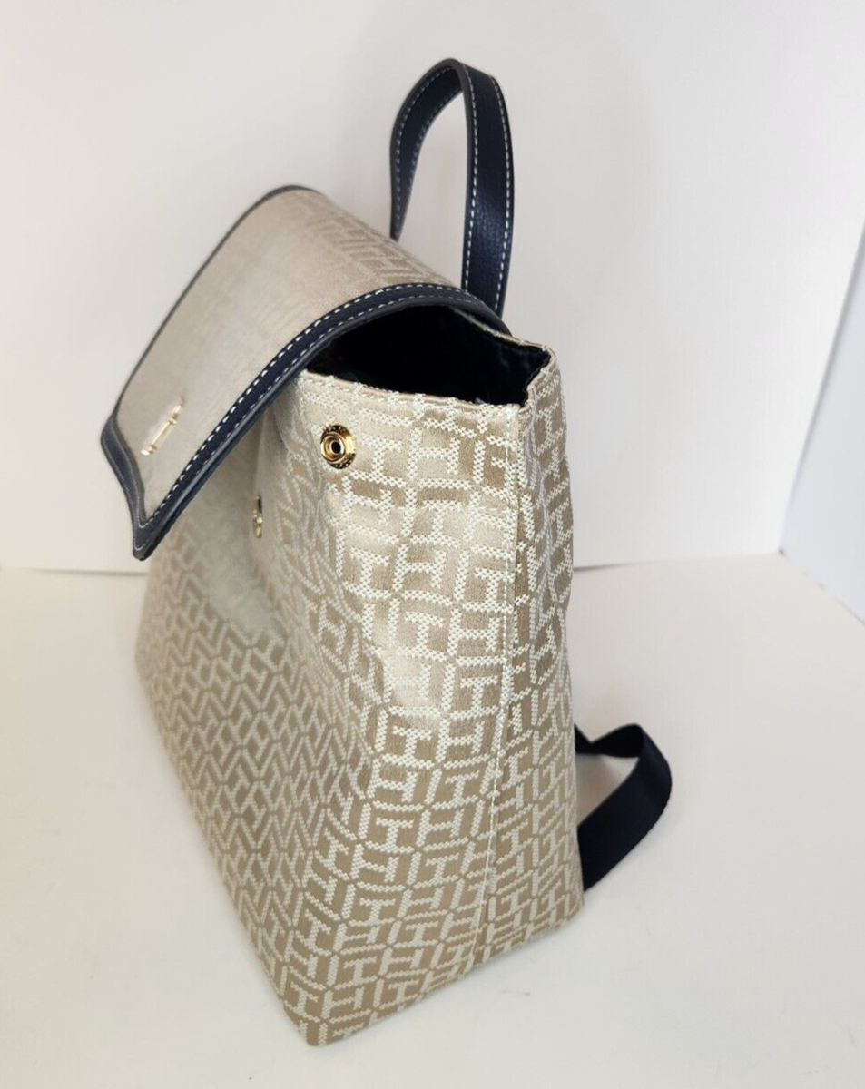 Tommy Hilfiger Large Khaki Tonal Jacquard Backpack with Navy Trim, New with Tags Tommy Hilfiger Large Khaki Tonal Jacquard | Mercari main image 3