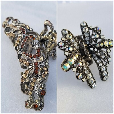 Vintage Set Metal Butterfly Hair Clips Ornate Rhinestone  display picture 2