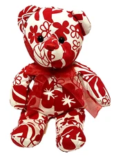 Rare Vintage Sugar Loaf Plush Stuffed Flower Power Bear Fabric Red and White 15"